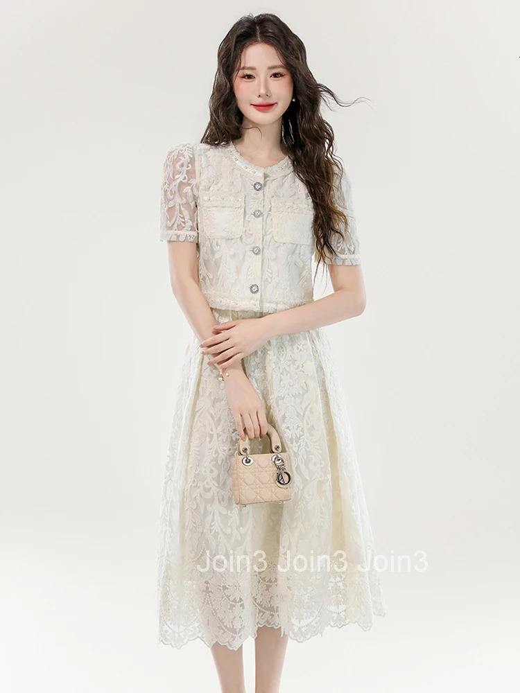 Women Clothes Sweet Lace Floral Outfits Elegant Single Breasted Tops Shirt Blouse And A-Line Skirt Mujer 2 Pieces Set Casual New