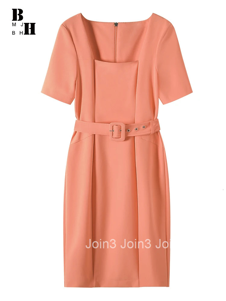 Summer Lady Work Style Formal Occasion Solid Pencil Dress Women Clothing Elegant Office Commute Square Collar Belt Slim Vestidos