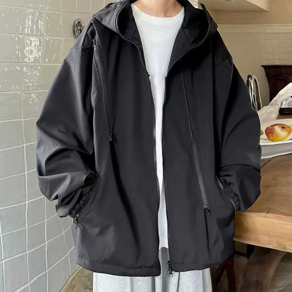 Windproof Hooded Trench Coat with Zipper Placket Windbreaker Mens Hooded Windbreaker Coat with Zipper Placket Stylish for Autumn W250623