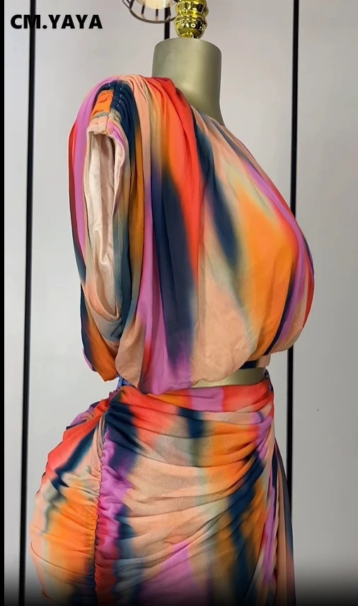 CMYAYA Tie Dye Printed Womens Set Ruched Short Sleeve TShirt Tops and Stacked Mini Skirts Suit 2025 Two 2 Piece Sets Outfit 250616