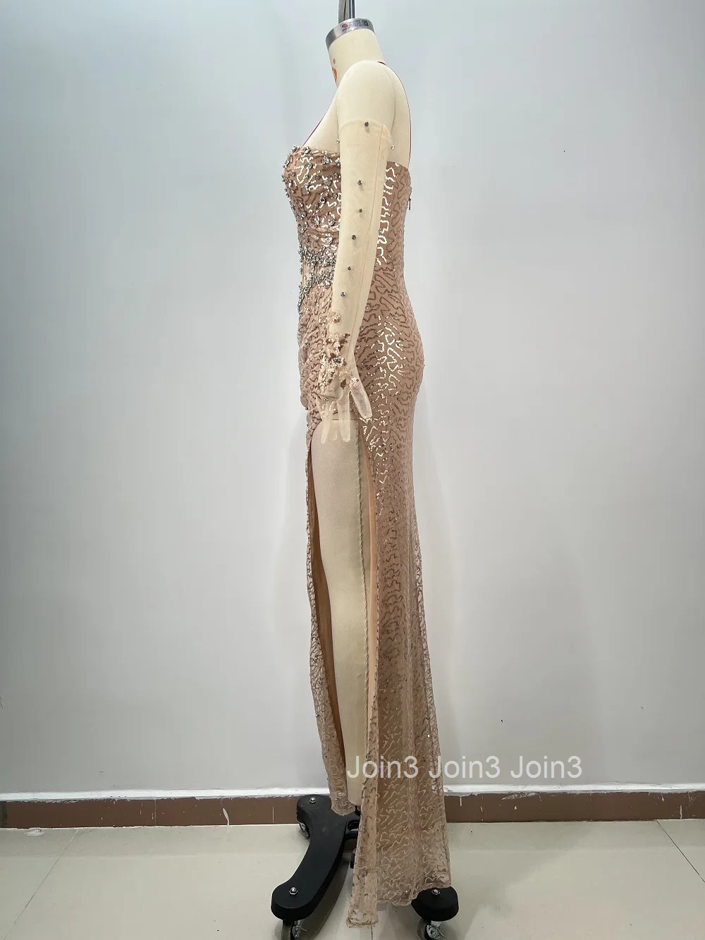 Newest Champagne Long Dress For Women Fashion Diamonds Embelling Sexy Gauze Splicing Bodycone Slim High Slit Cocktail Party Gown