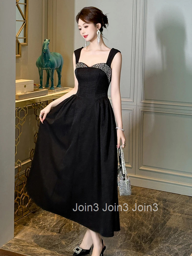 Summer Vintage Black Elegant Luxury Gown Evening Dress Women Clothes Sexy Chest Wrapped Slim Long A-Line Party Club Prom Vestido
