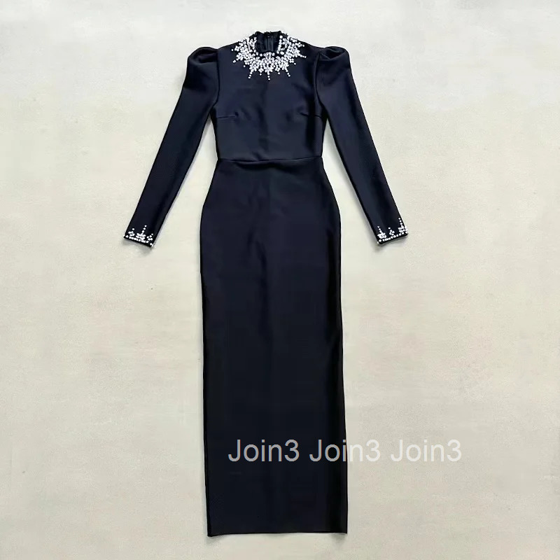 2025 Trendy Black Long Dress High Neck Jeweled Tailored Long Sleeve Evening Formal Gala Dress with Hem Slit Elegant