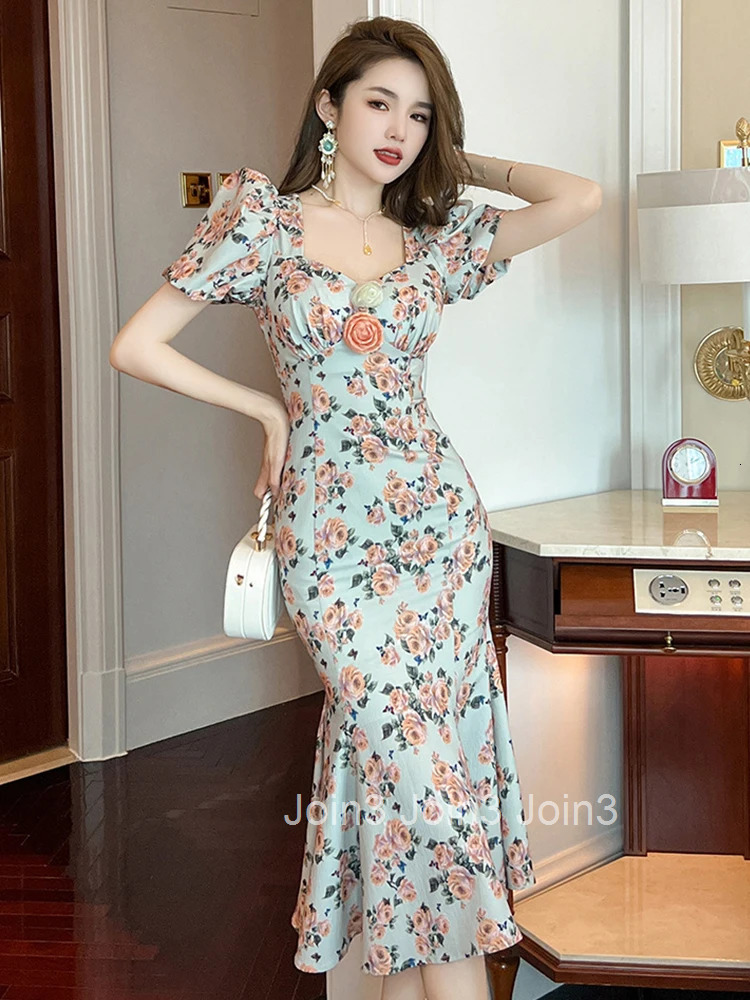 Summer Evening Dress Elegant Women Chic Flower Sexy Square Collar Slim Midi Party Prom Robe Femme Mujer Vestidos Street Clothes