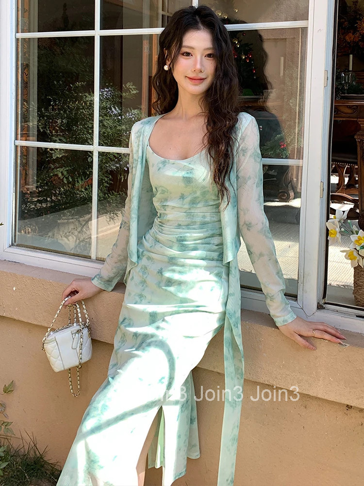 Holiday Mesh Floral Print 2 Pieces Outfits Women Clothes Cardigan Coat Tops Sexy Sling Strap Slit Folds Midi Robe Dress Set Lady