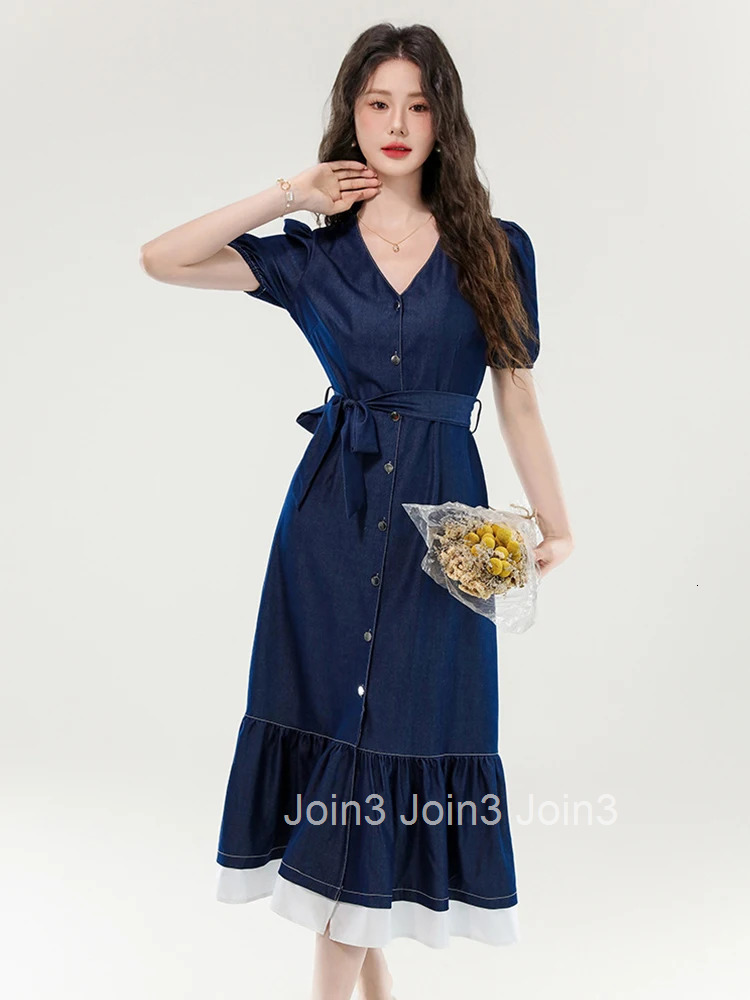 Women Street Clothes Denim Vintage V-Neck Single Breasted Belt A-Line Long Dress Elegant Fashion Vestidos Robe Casual Summer New