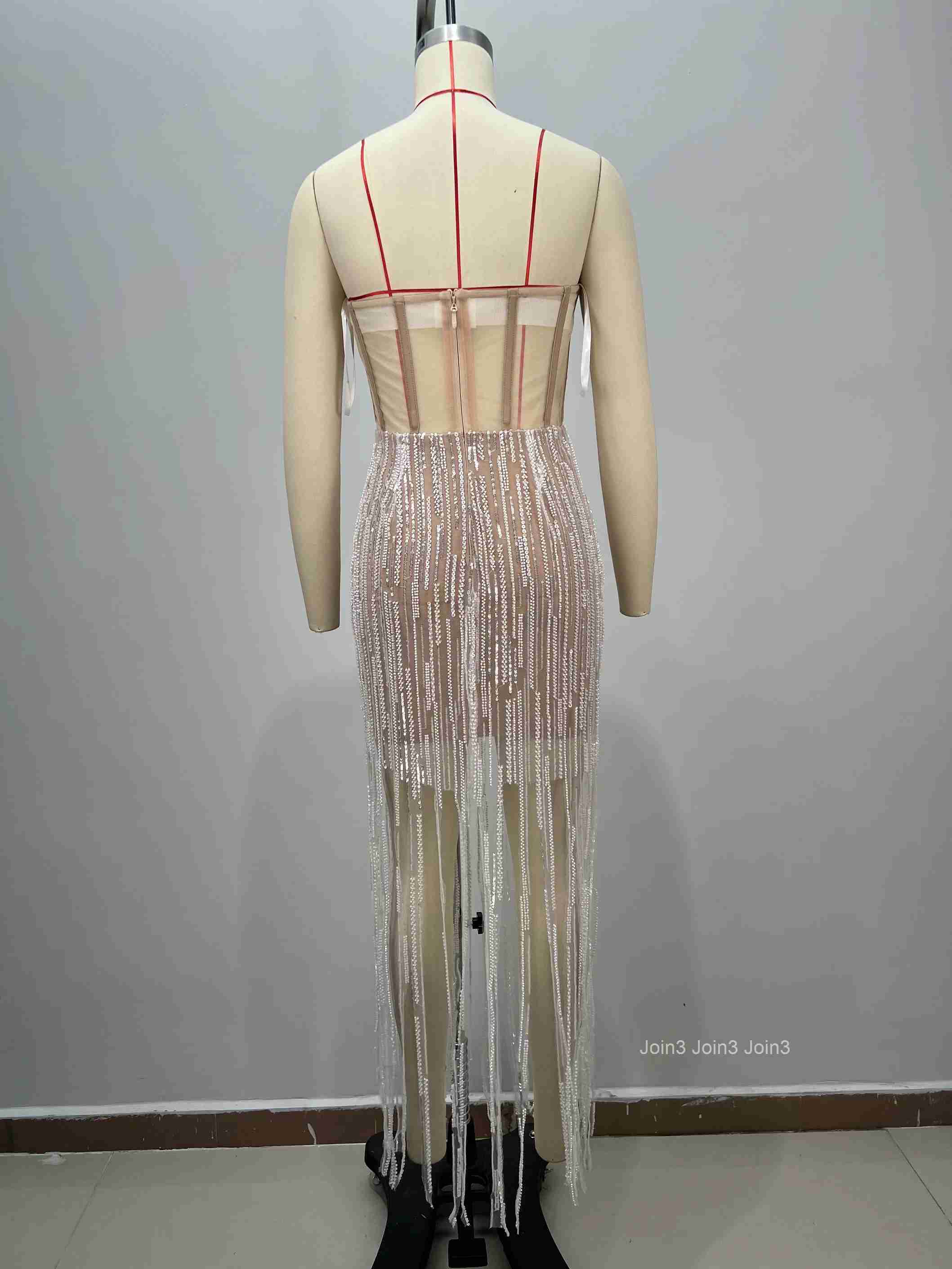 Womens Evening Gown Luxury Fringe Sequin Strapless Bustier Dress Fashion Bodycon Dress