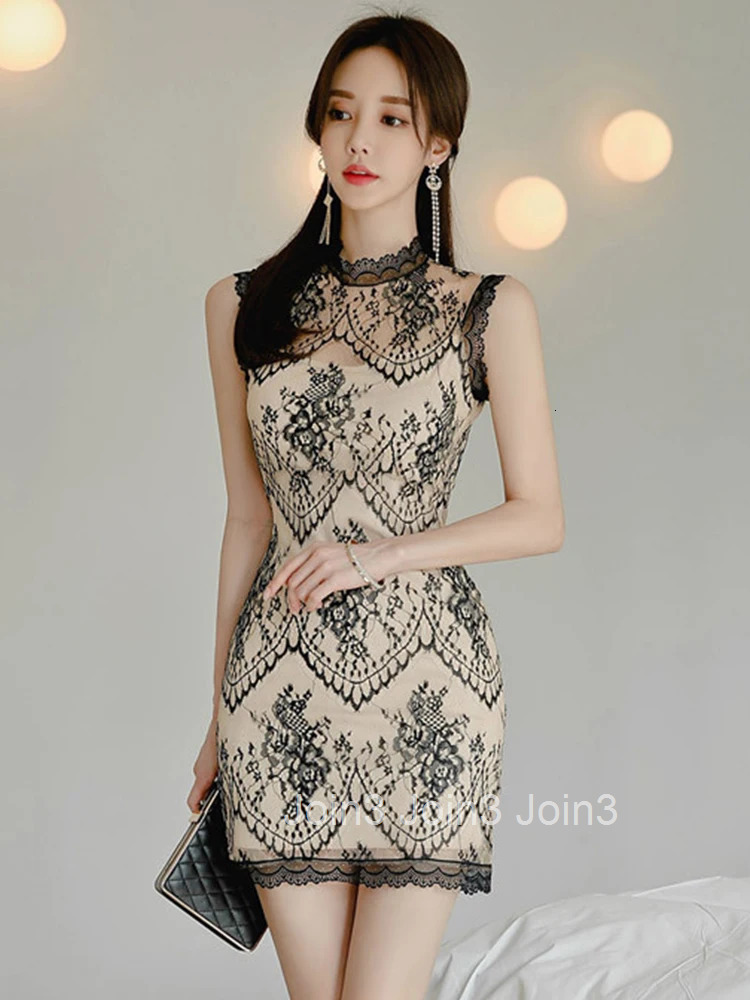 New Arrival Fashion Lace Dress Women Elegant Summer Sexy Perspective Sleeveless Party Temperament Black Simple Mini Dress