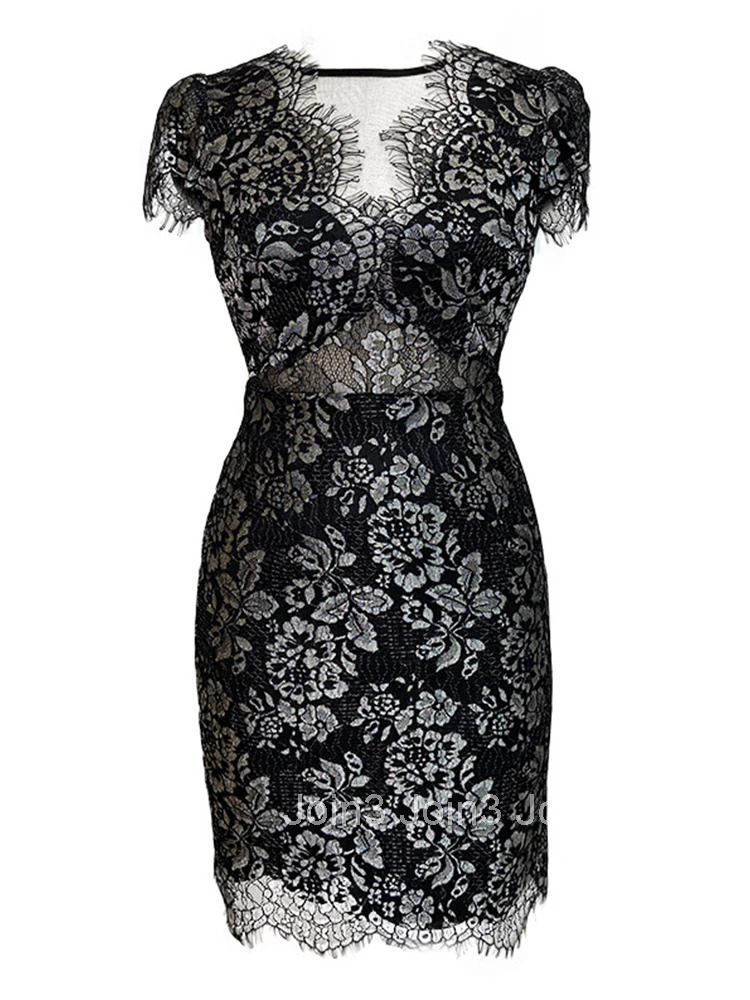 Fashion Summer Korean Vintage O-Neck Short Sleeve Mini Party Dress Ladies OL Elegant Lace Perspective Black Tassel Pencil Dress