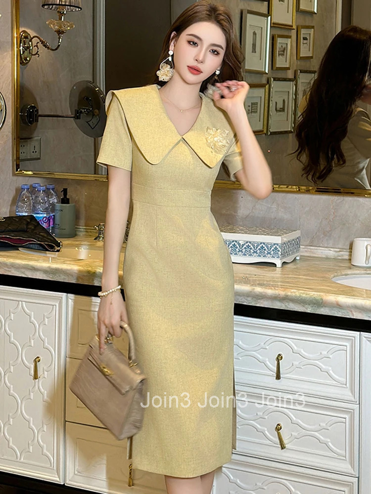 Summer Fashion Sweet Commute Formal Occasion Pencil Dress Women Clothes Elegant Office Peter Pan Collar Slim Slit Midi Vestidos