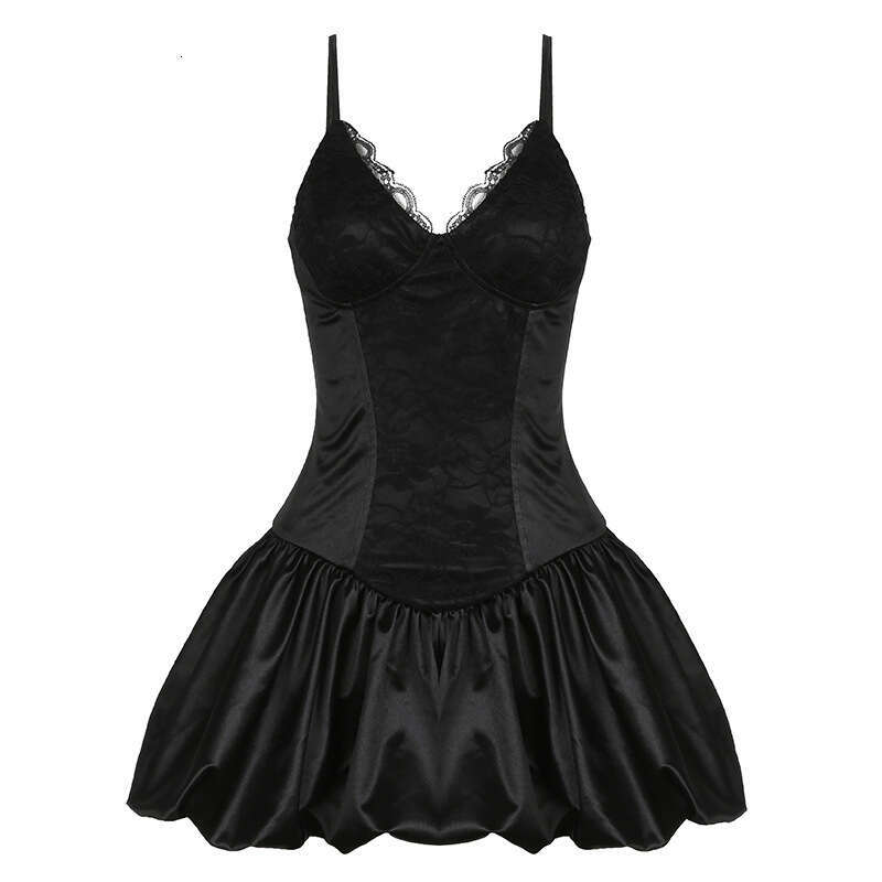 Ins Solid Color Elegant Lace Patchwork Slim V-Neck Waist-Cinching Slimming A-Line Strap Ballet Dress B5