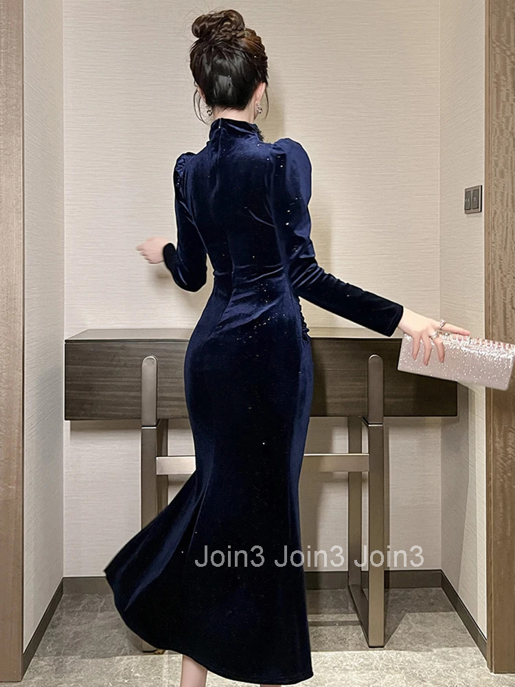 Women Clothes Velvet Shiny Stand Neck Slim Folds Midi Fishtail Dress Elegant Evening Party Vestido Robe Autumn Winter Casual New