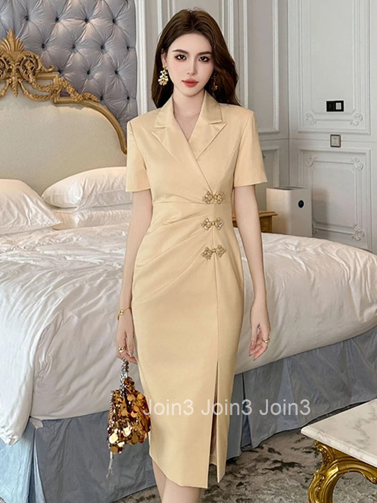Summer Work Style Formal Occasion Pencil Dress Women Clothes Elegant Office Vintage Solid Short Sleeve Slim Folds Midi Vestidos