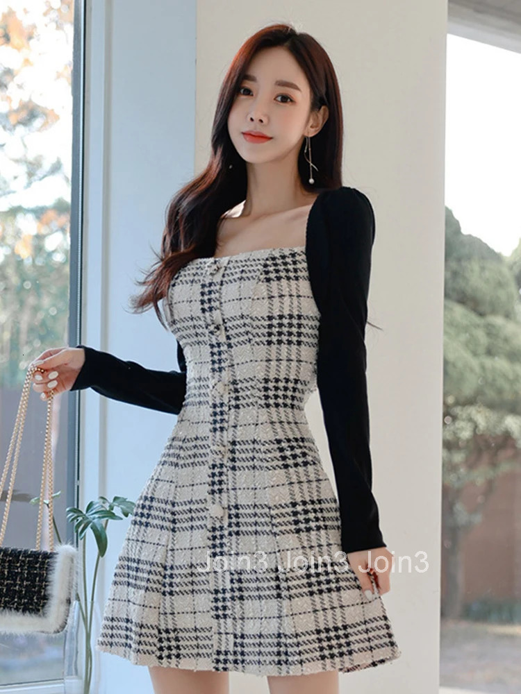 New Fashion Spring Autumn Fake 2-Piece Short A-Line Dress Ladies Women Elegant Square Collar Slim Mini Party Prom Mujer Vestidos