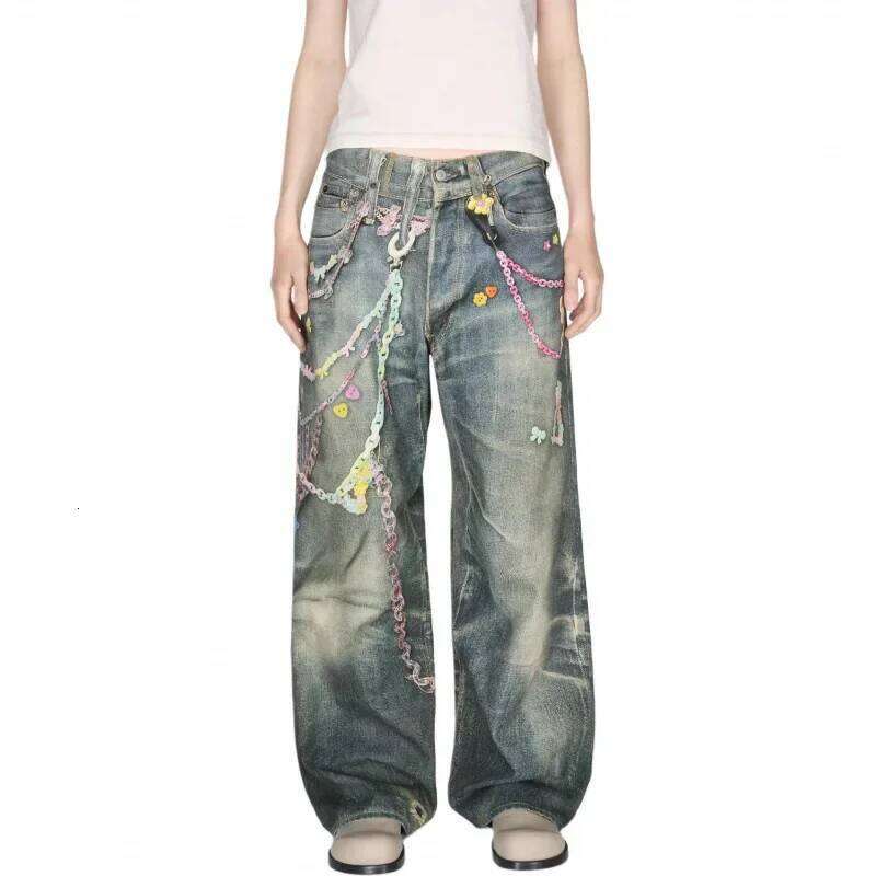 Wide Leg Denim Jeans Retro Candy Chain Print Unisex Spring Summer New Style Loose Low Waist Trousers For Couples