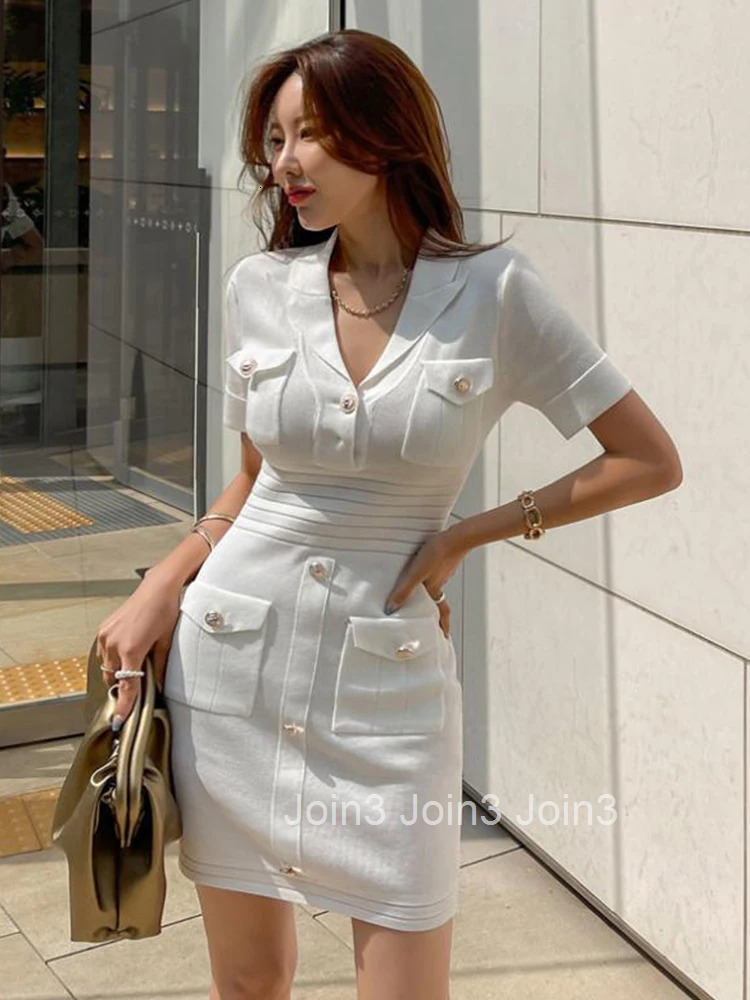 Korean Elegant Women Dress Summer White Knit Casual Stretchy V-Neck Pocket Skinny Bodycon Slim Mini Lady Femme Mujer Vestidos