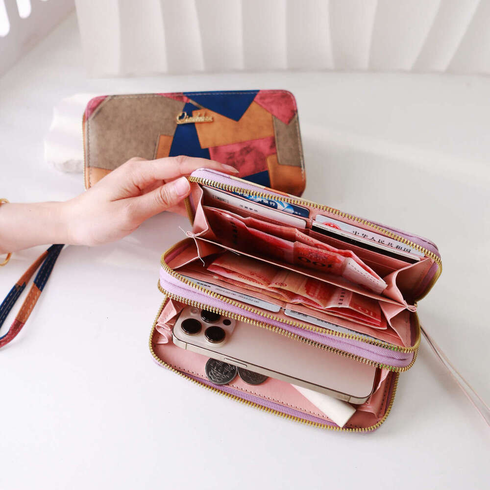 2025 New Women's Leather Wallet Color Block Double Zipper Large Capacity Clutch Simple High-end Phone Bag