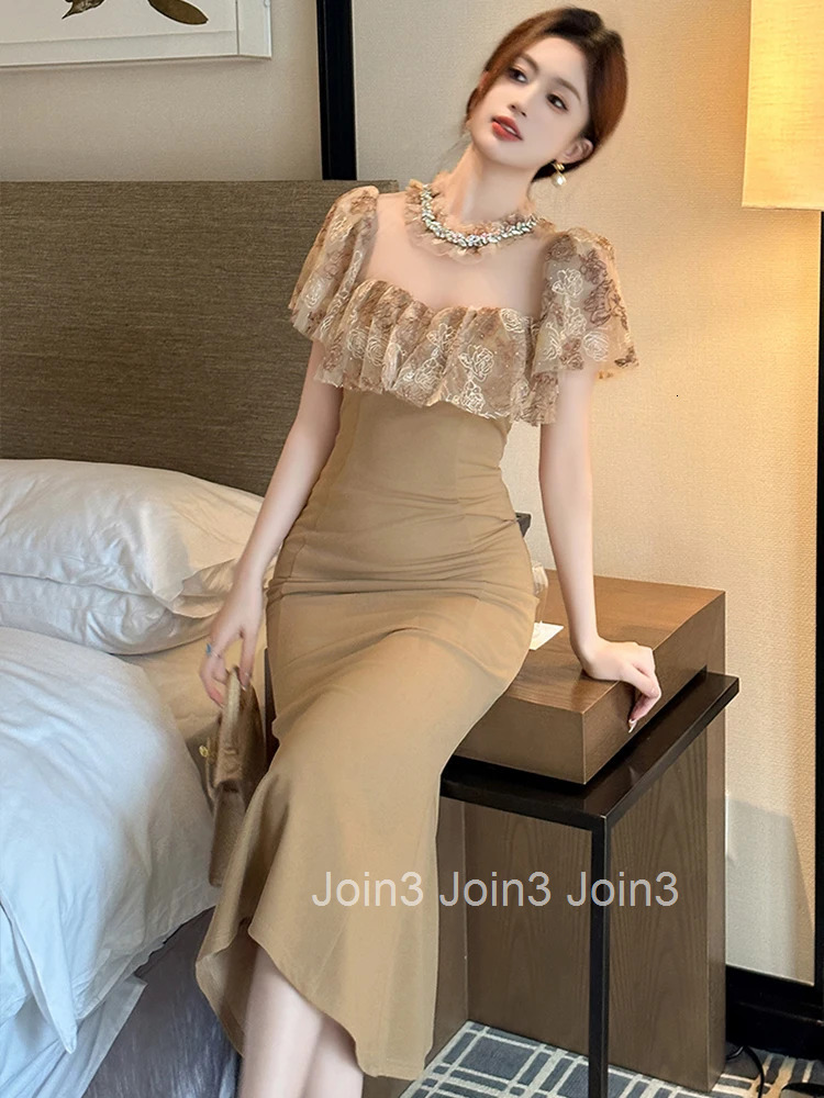 Women Clothes Pink Sweet Lace Sheer Sexy O-Neck Slim Midi Fishtail Dress Elegant Ladies Fashion Party Prom Vestidos Robe Casual