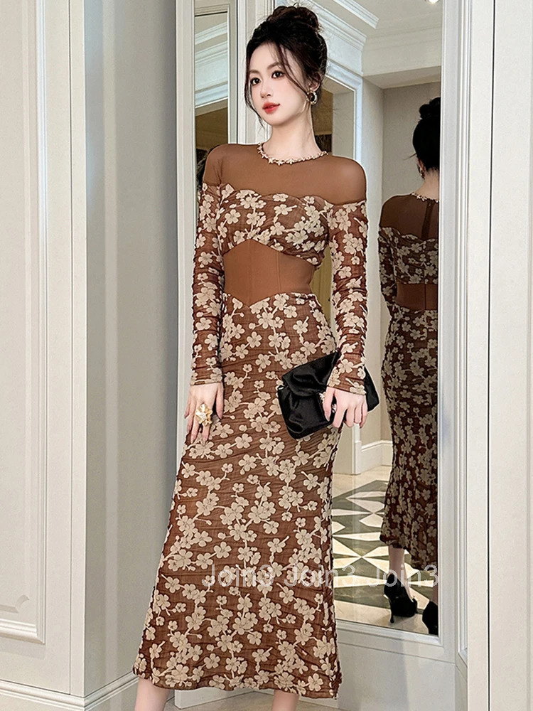 Women Clothes Fashion Elegant Luxury Floral Evening Dress Retro Sheer Sexy O-Neck Corset Skinny Long Robe Party Prom Vestido New
