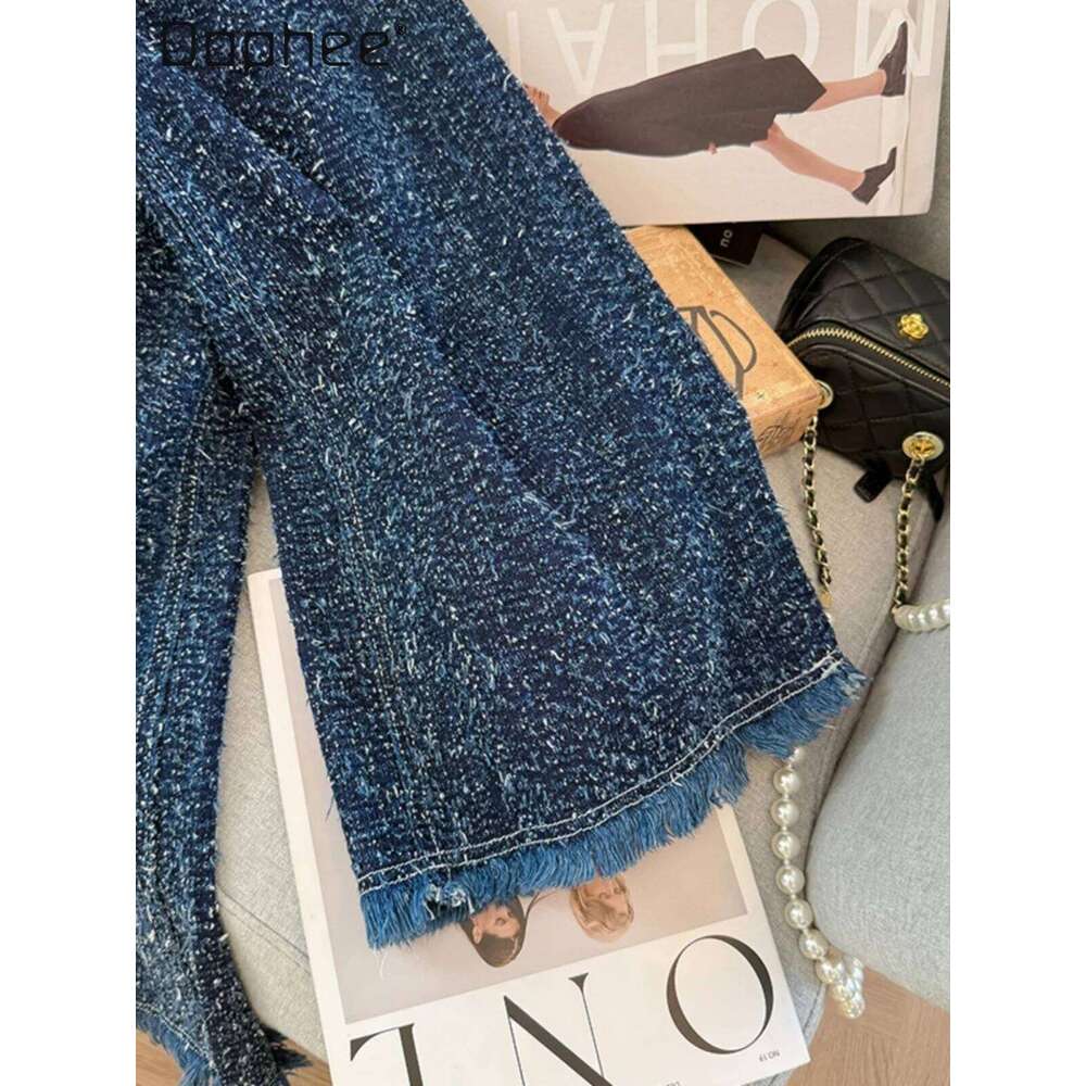 Hong Kong Style Spring Autumn OL High-End Tweed High-Waisted Pearl Rhinestone Pocket Straight Jeans Korean Chic Wide Leg Pants