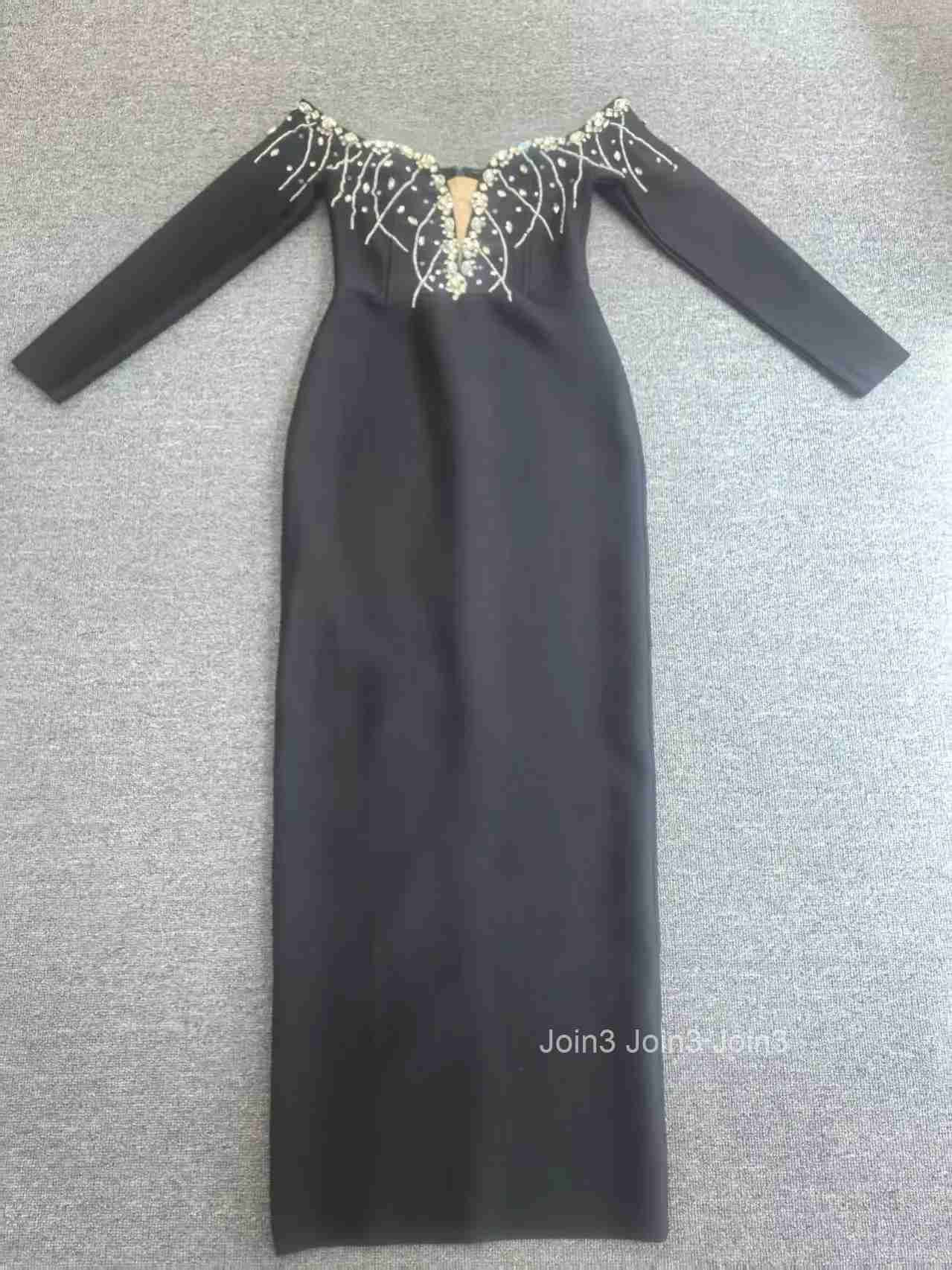 Best-Selling Sexy Black Long-Sleeve Rhinestone Fitted Off-Shoulder Dress for Annual Party Evening Gala Banquet