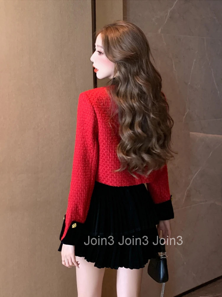 Korean Fashion Vintage 2 Pieces Outfits Women Ladies Mujer Elegant Red Coat Jacket Outwear And Strap Mini Dress Short Set Autumn