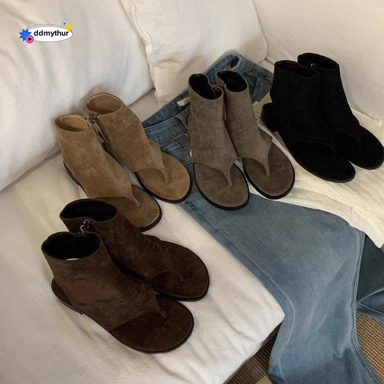 2025 Spring and Autumn New Korean Style Toe Post Sandals Genuine Leather Versatile Low Heel Short Ankle Boots Fashionable Single Shoes for Women ddmyt