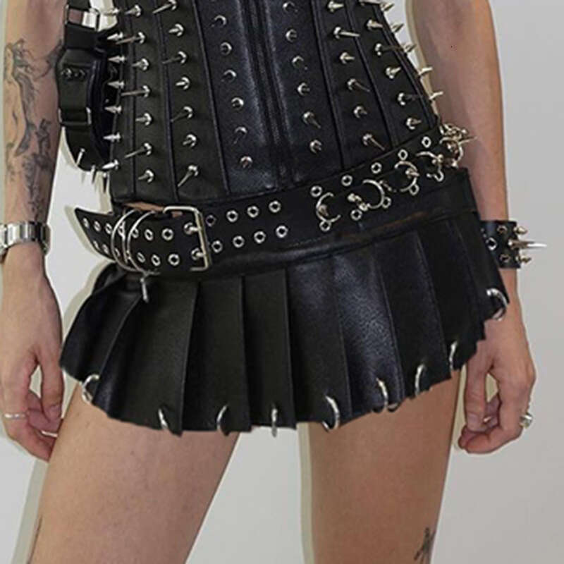 Street Punk Style Velcro One-Piece Leather Personality Heavy Metal Ring Buckle Sexy Mini Skirt B5