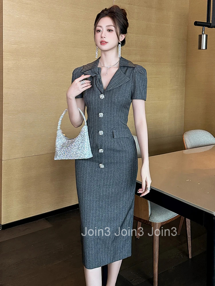 Summer Retro Gray Striped Formal Occasion Dress Women Clothes Commute Elegant Office Lady Short Sleeve Slim Midi Pencil Vestidos