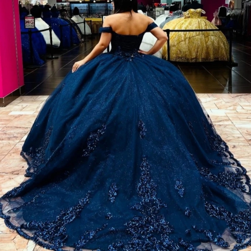 Navy Blue Shiny Princess Ball Gown Quinceanera Dresses Sequin Applique Lace Beading Crystal Tull Sweet 16 Dress Vestidos De 15 Anos