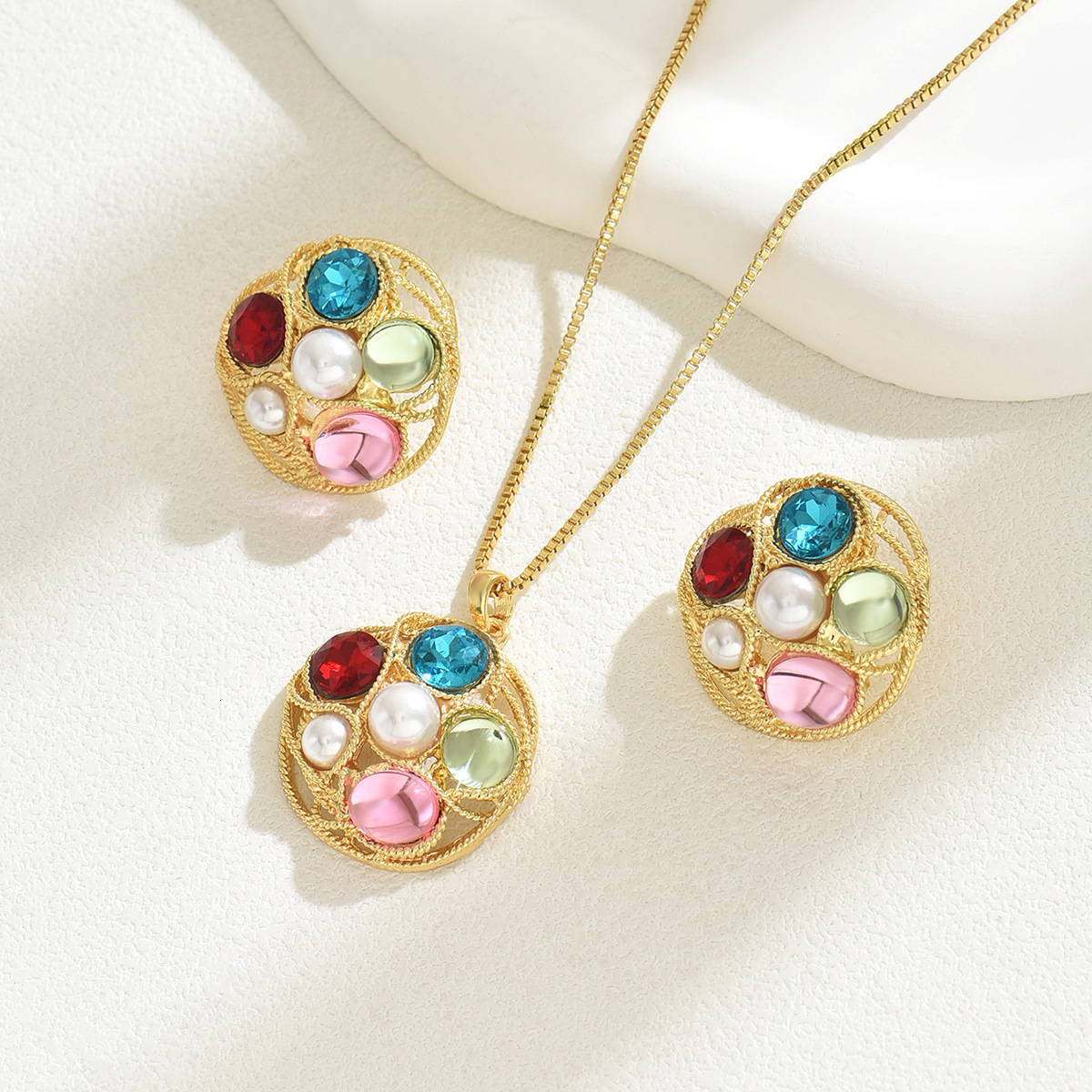 Women's Jewelry Set Inlaid Wrapped Design Long Necklace Pendant Earrings