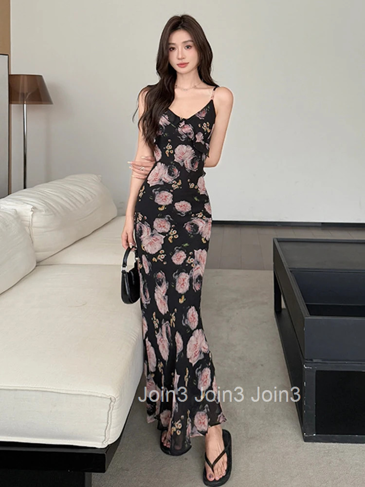 Women Vacation Clothes Sweet Chiffon Floral Print Sexy Sling Slim Maxi Long Dress Elegant Fashion Party Prom Vestido Robe Summer