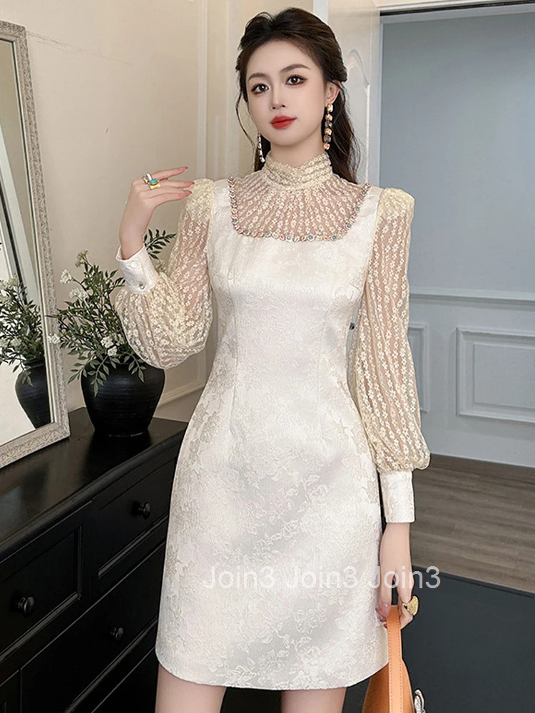 Fashion Lady Jacquard Fake 2 Pieces Evening Dress Women Clothing Sweet Elegant Luxury Puff Sleeve Slim Short Party Prom Vestidos