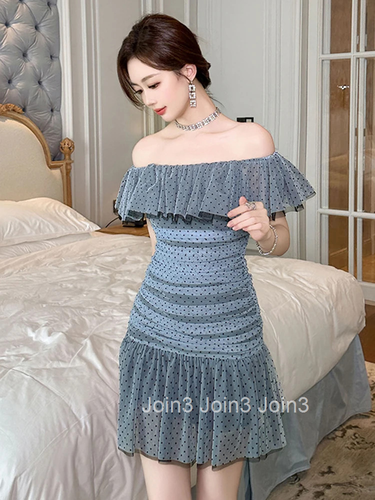 Summer Sweet Vacation Holiday Short Dress Women Clothes Elegant Ruffle Sexy Off-Shoulder Folds Bodycon Party Birthday Vestidos