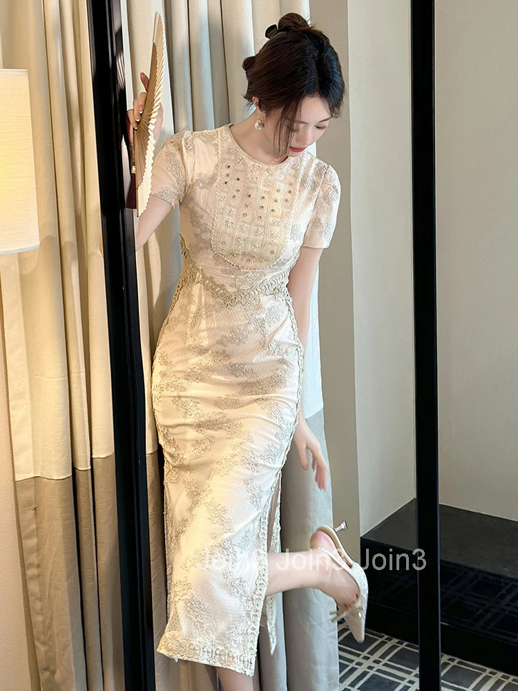 New Summer Fashion Lace Embroidery Evening Dress Women Clothes Casual Elegant O-Neck Short Sleeve Slim Midi Party Prom Vestidos