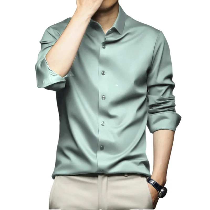Spring Autumn Mens Long Sleeve Professional Dress Shirt Solid Color Fashion Business Casual Ice Silk Slim Fit Workwear Shirts 250618