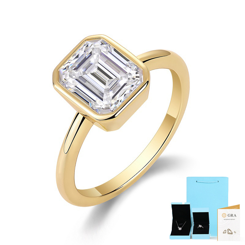 3ct Emerald Cut Moissanite Engagement Ring D Color VVS1 18K Gold Plated Band Modern Minimalist Bezel Set Design