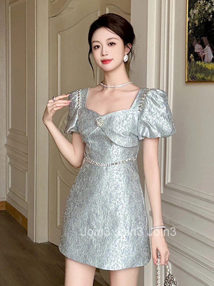 Fashion Elegant Luxury Jacquard Summer Evening Dress Women Clothes Sweet Sexy Square Collar Slim Mini Party Prom Vestidos Fiesta