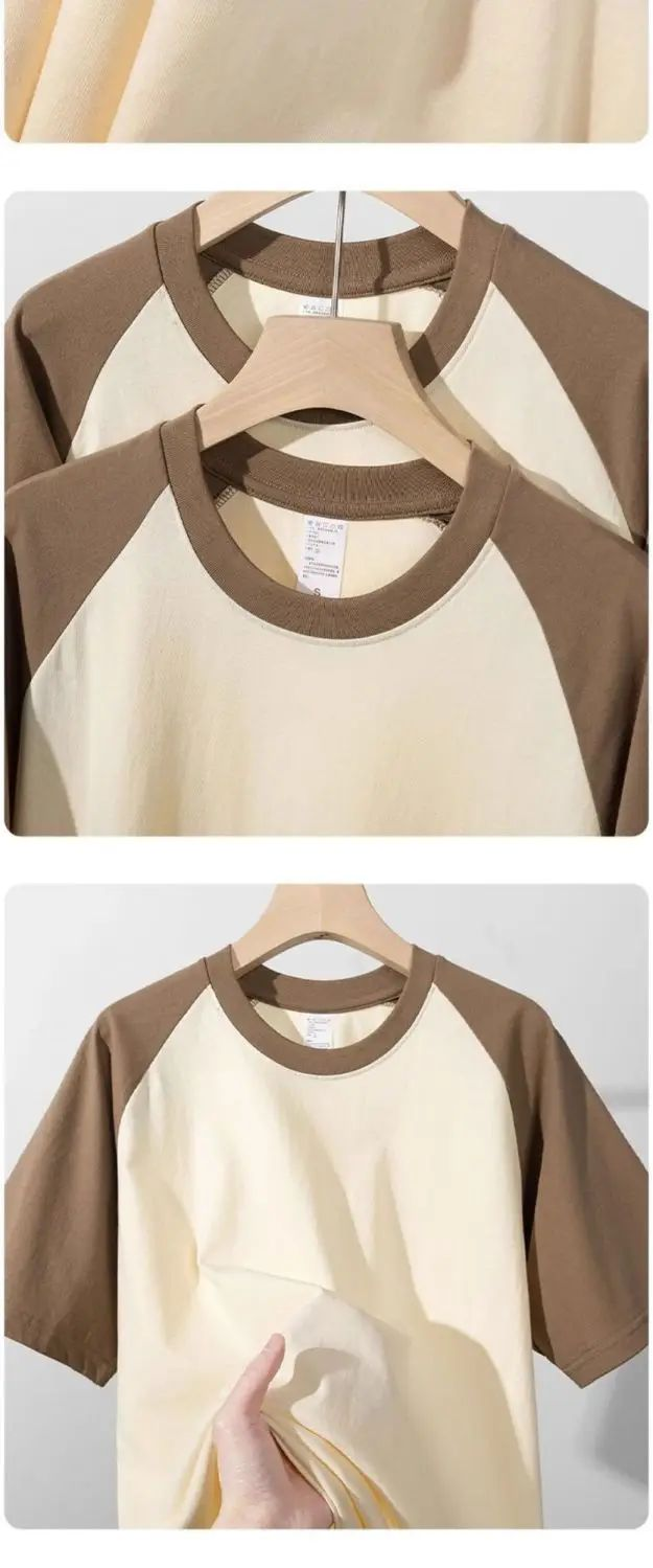 Men's T Shirts 320G Retro Short Sleeve T-shirt High Quality Cotton Contrast Round Neck Women MenHalf Tee