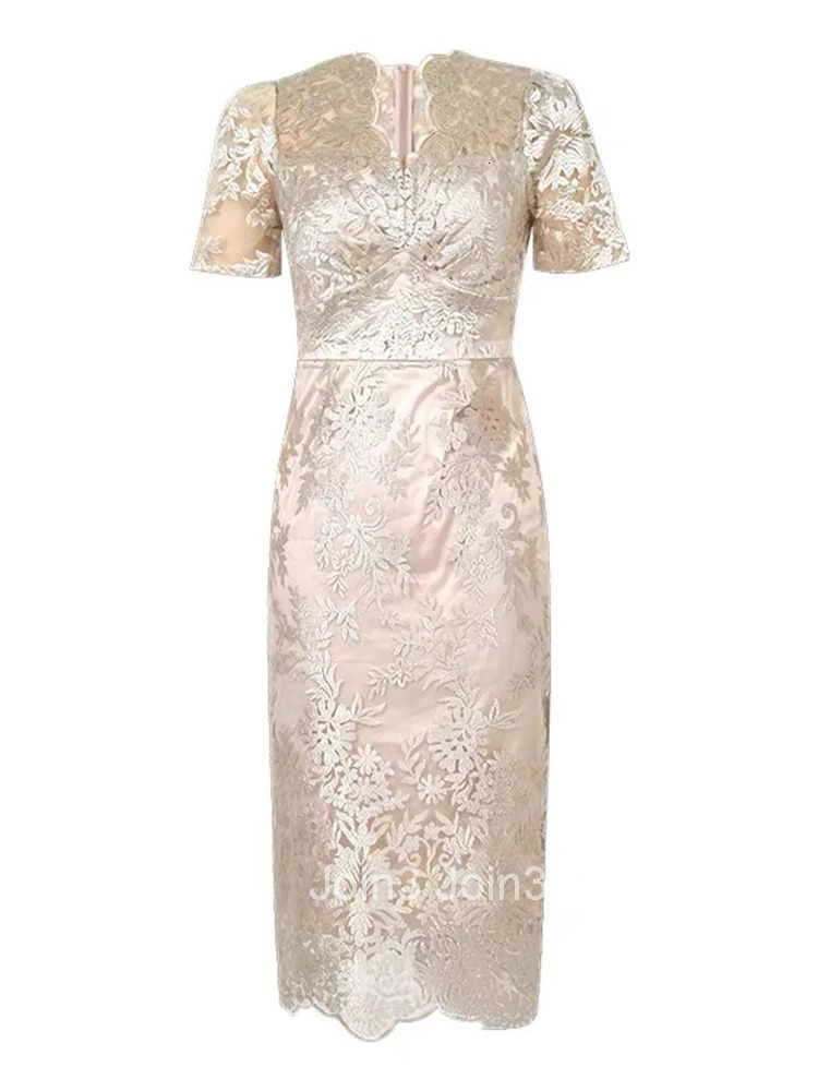 Summer Fashion Lace Embroidery Floral Dress Women Clothes Elegant Sweet V-Neck Short Sleeve Slim Midi Party Prom Vestidos Fiesta