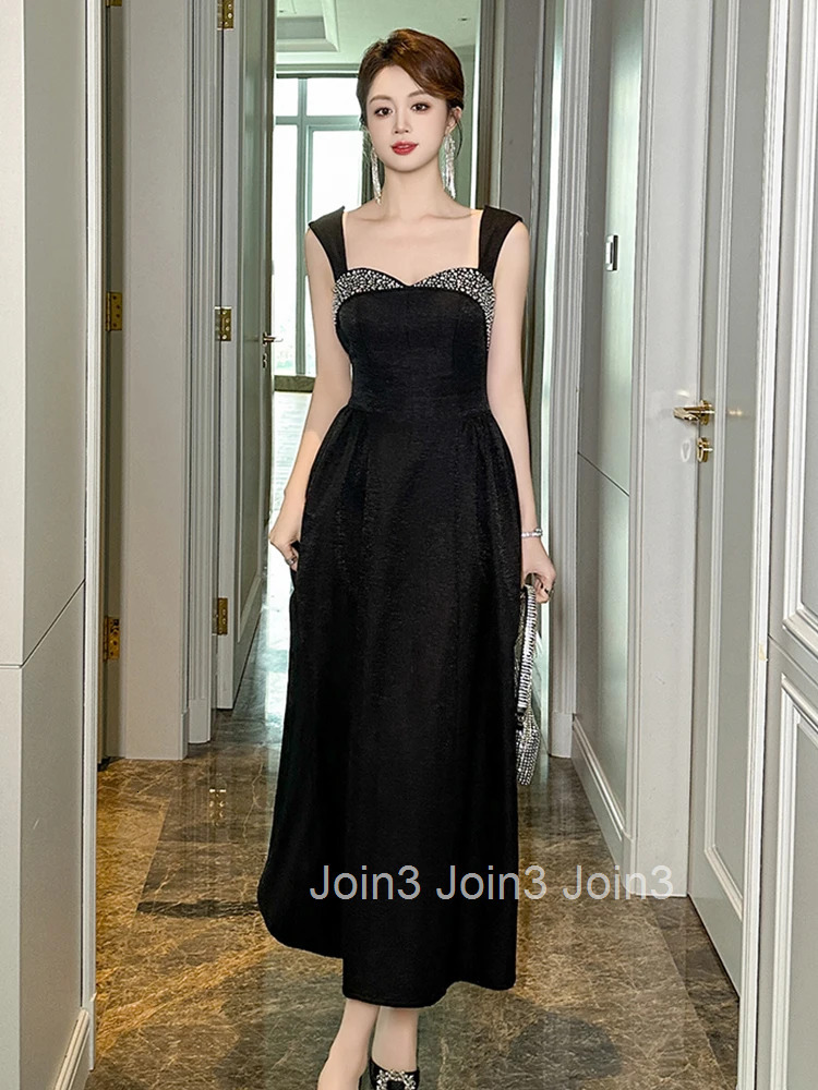 Summer Vintage Black Elegant Luxury Gown Evening Dress Women Clothes Sexy Chest Wrapped Slim Long A-Line Party Club Prom Vestido