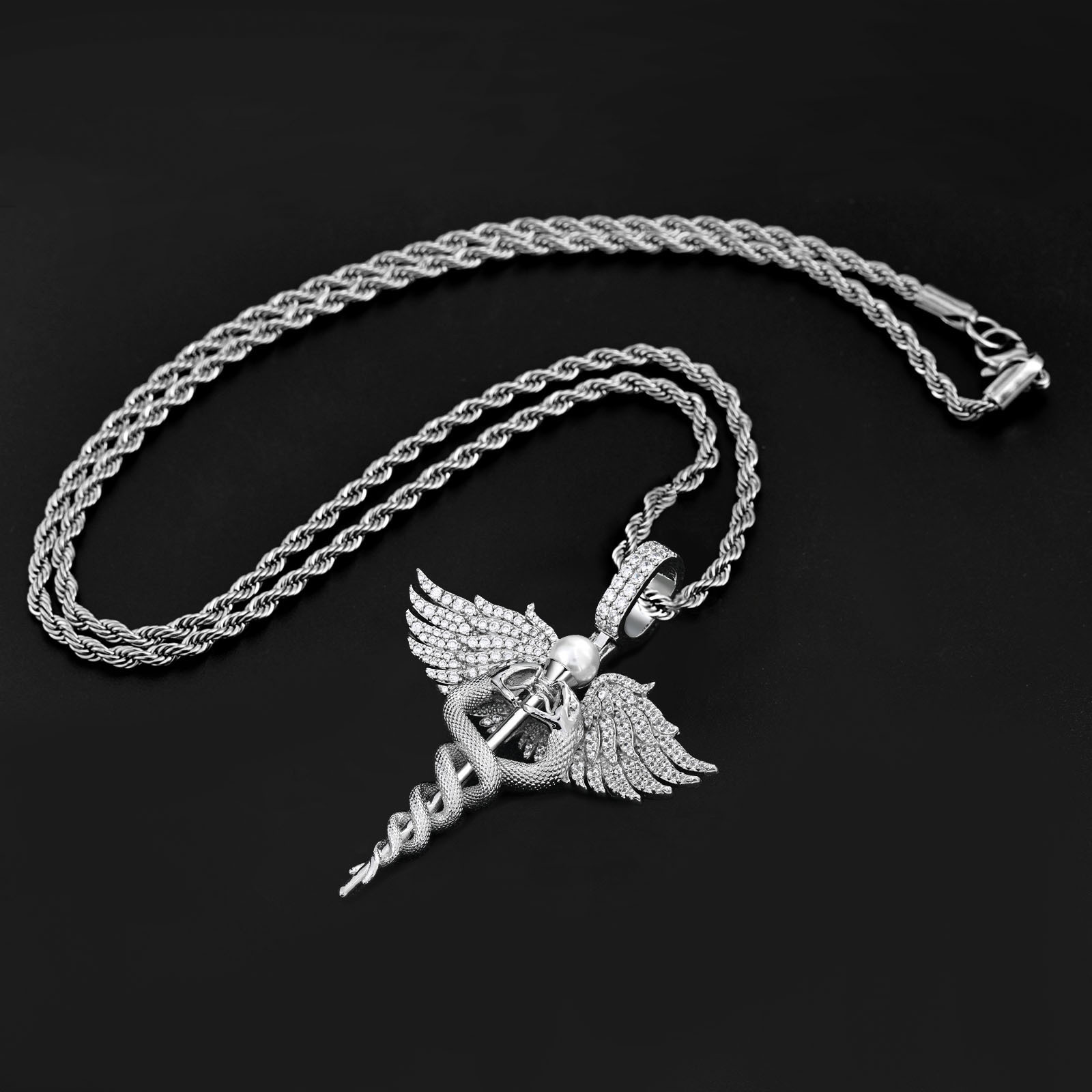 Luxury Hip Hop Moissanite Angel Wings Necklace with Diamond Inlaid Goddess Wings Pendant Golden Snake Design Personalized Men's Jewelry Pass the 