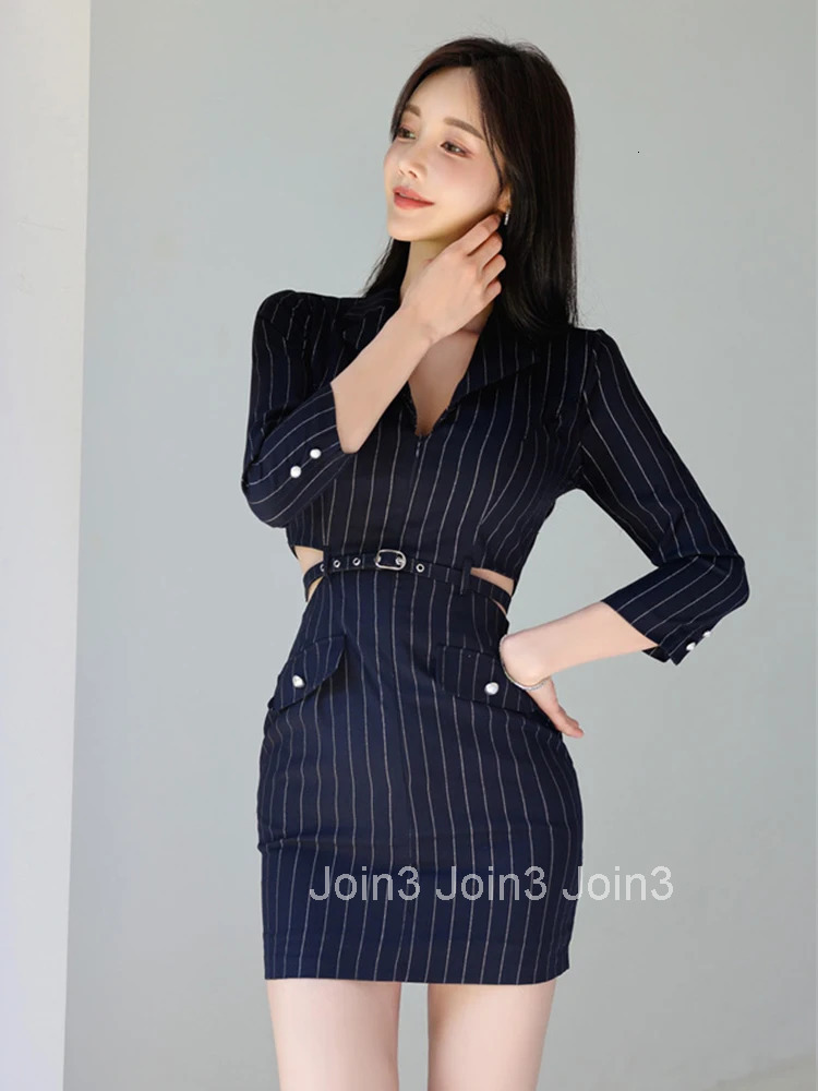 French Style Fashionable Dress Women Korean Professional Exposed Waist Stripes Hollow Belt Mini Gown Femme Office Lady Vesitdos