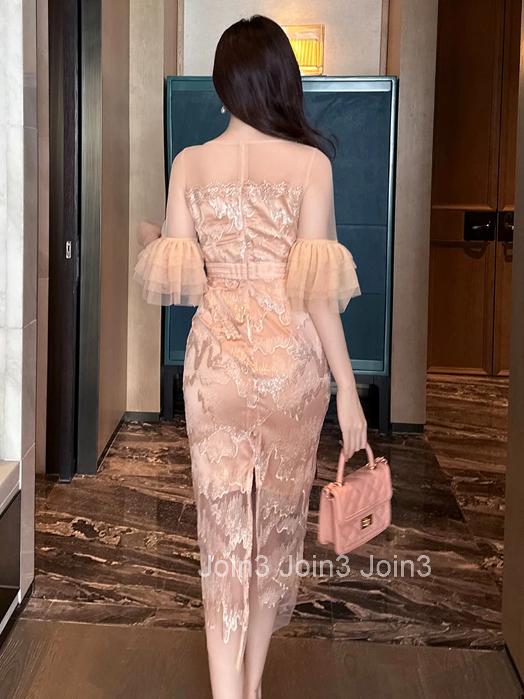 New Summer Fashion Lace Embroidery Evening Dress Women Clothes Sweet Sheer Sexy O-Neck Flare Sleeve Slim Midi Party Prom Vestido