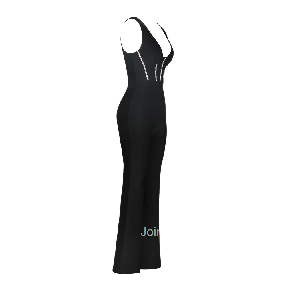 New Fashion Simple Office Lady Jumpsuits Elegant Sleeveless Rhinestone Pantsuits Black Fit Slimming Sets Causal Urban Wear