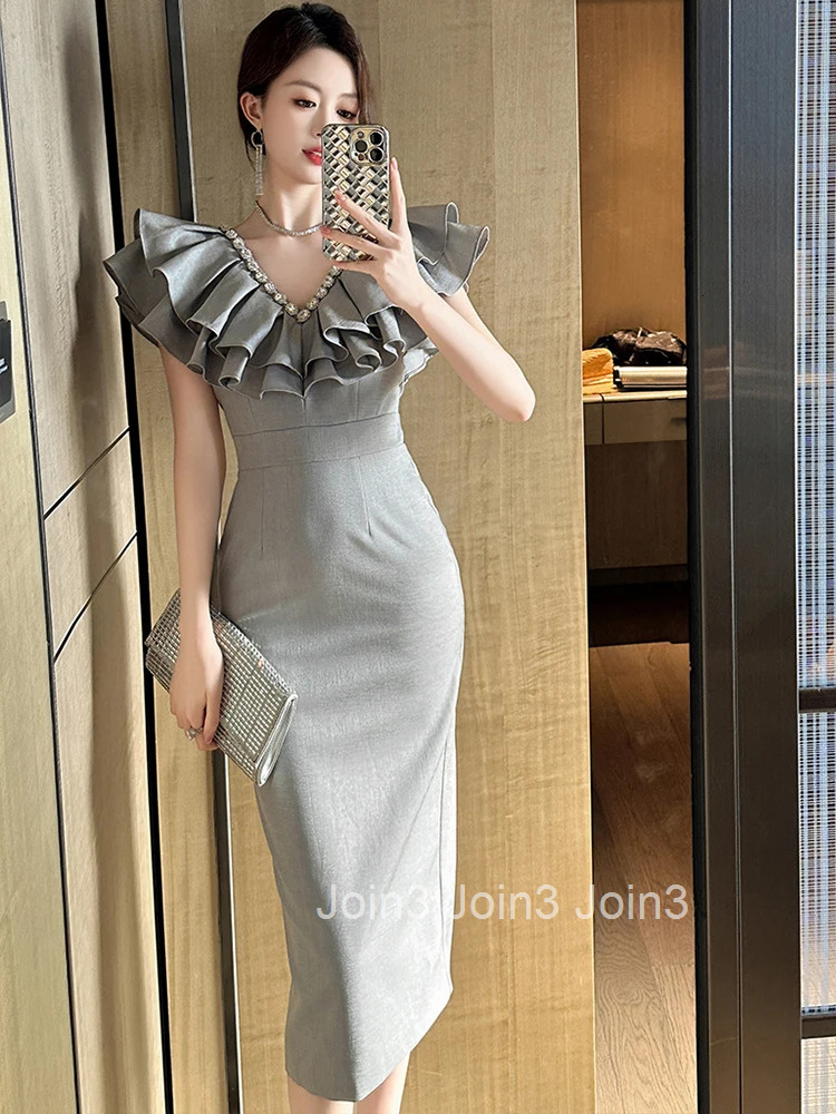 Women Clothes Gray Ruffle V-Neck Slim Midi Pencil Dress Elegant Luxury Fashion Evening Party Vestidos Casual Formal Occasion New