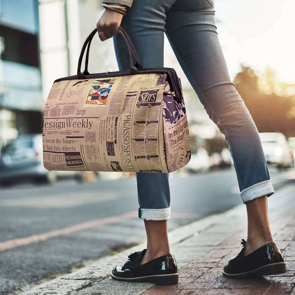 Retro Newspaper Printing Tote For Women Vintage Top-Handle Bags Water- Travel Lage Handbag