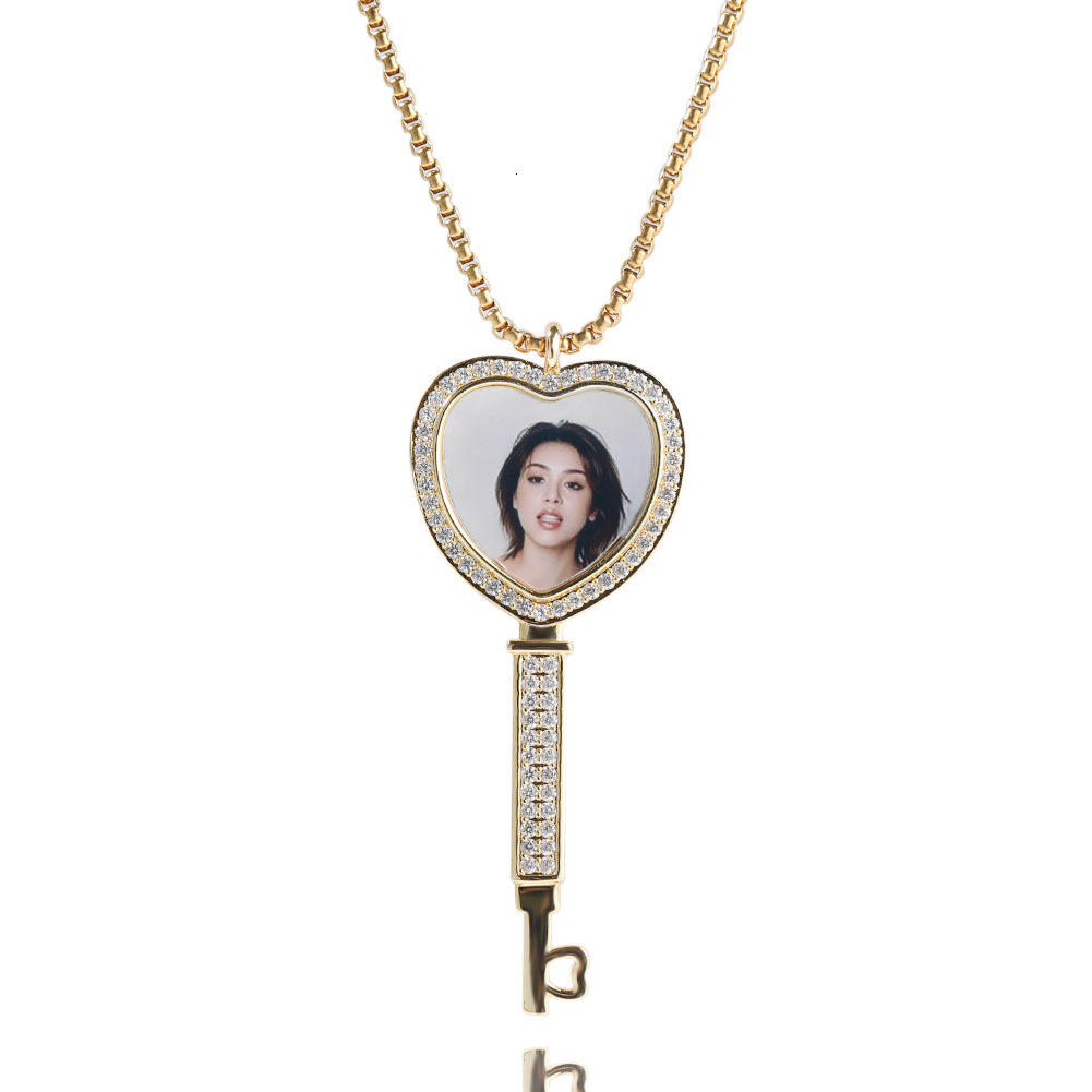 14K Gold Fashion Heart Key Custom Photo Frame Necklace Personalized DIY Love Picture Pendant Collar Aesthetic Wedding Jewelry For Couple Lovers Access