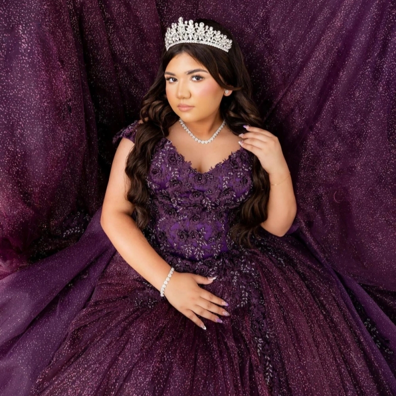 Purple Shiny Ball Gown Quinceanera Dresses Lace Applique Beading Ruffles Tiered Tull Bow Sweet 16 Dress Vestidos De 15 Anos