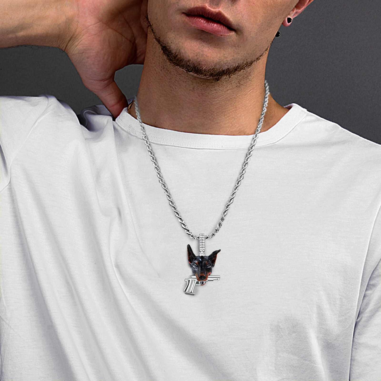 Luxury Hip Hop Punk Doberman Dog Head Biting Pistol Pendant Unisex Bold Statement Necklace Druzy jewelry